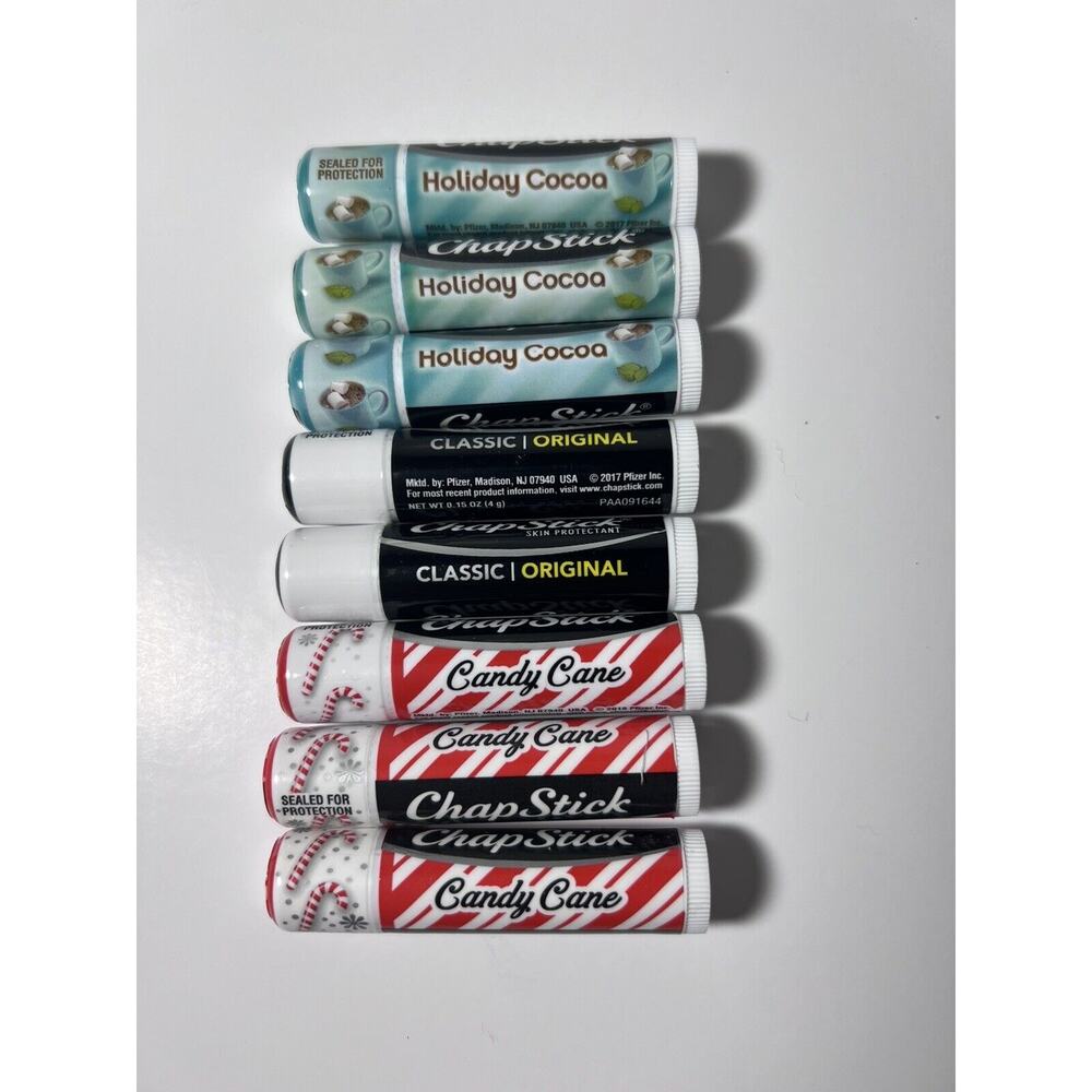 Chapstick Candy Cane, Original, and Holiday Cocoa Flavored Lip Balm - Lot Of 8